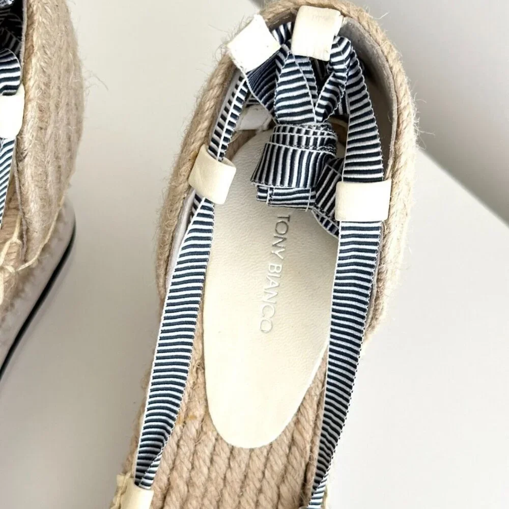 NEW TONY BIANCO Ankle Wrap Espadrille Wedge Sandals in White/Blue Stripe Size 8